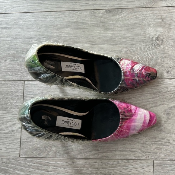 Off-White X Jimmy Choo Pink White Floral Satin Heels Plastic Overlay Size 37 - Picture 6 of 11